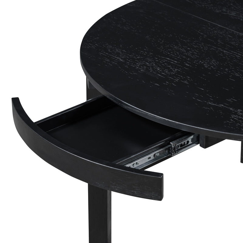 5-Piece Multifunctional Dining Table Set, Farmhouse Dining Set with Extendable Round Table,Two Small Drawers and 4 Upholstered Dining Chairs for Kitchen and Dining Room (Black)