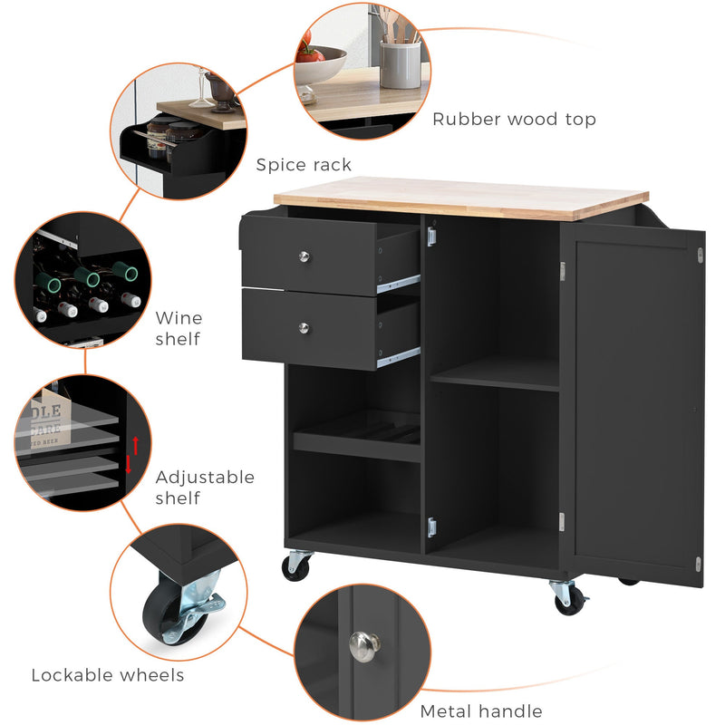 Kitchen Cart with Spice Rack, Towel Rack & Two Drawers, Rubber wood top, Kitchen Island with 4 Wheels for Dining Rooms Kitchens Living Rooms, Black