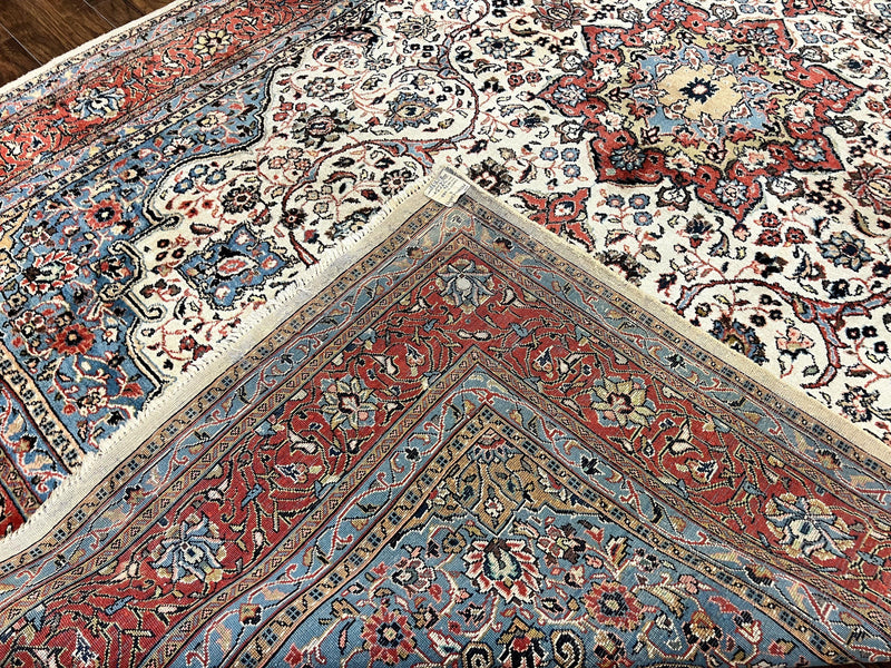 Persian Sarouk Rug 8x12, Wool Hand Knotted Antique Carpet, Floral Medallion, Cream Red, Traditional Oriental Rug