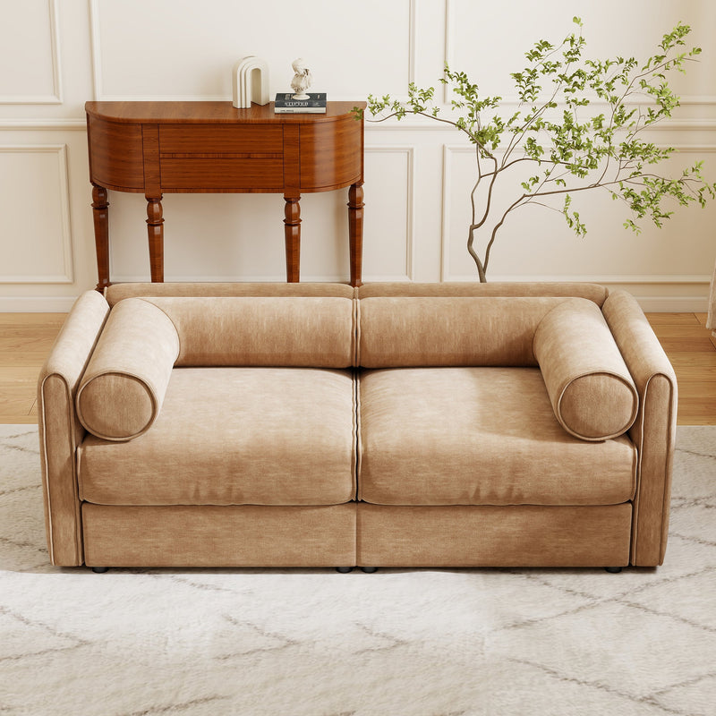Stylish Camel Chenille 2-Seater Sofa with Storage Seat and Cylindrical Backrest