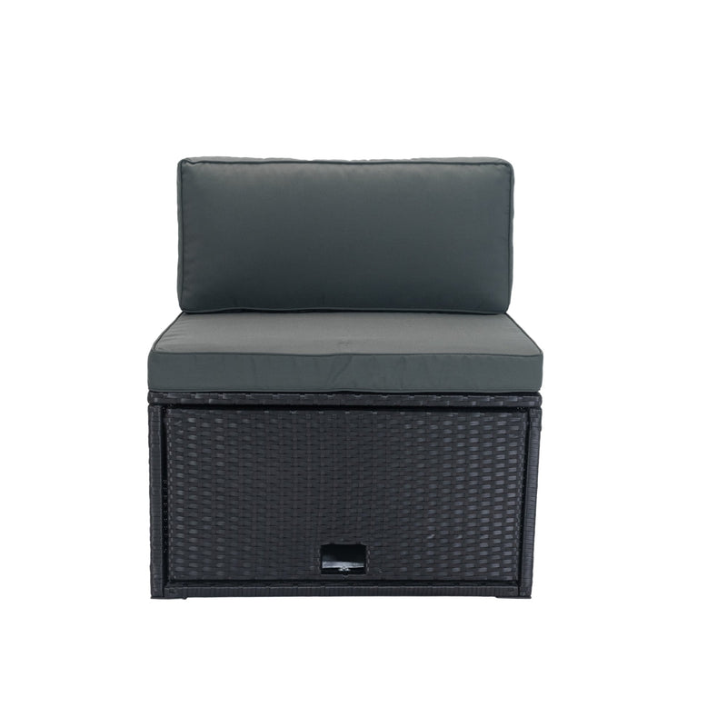6 Pieces PE Rattan sectional Outdoor Furniture Cushioned Sofa Set with 3 Storage Under Seat Black Wicker + Dark Grey Cushion