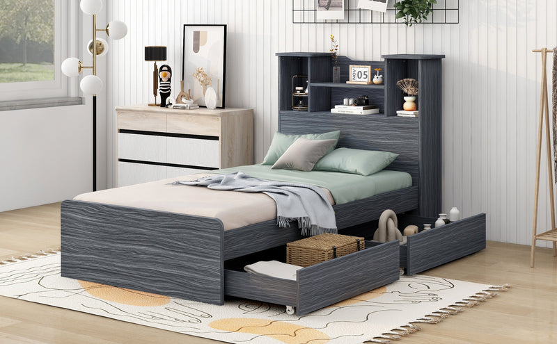 Walker Edison | Twin Size Storage Platform Bed Frame with 4 Open Storage Shelves and 2 Storage Drawers, LED Light, Gray