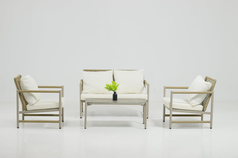 4 Pieces Patio Furniture Set, PE Rattan Wicker 4 Pcs Outdoor Sofa Set w/Washable Cushion and Tempered Glass Tabletop, Conversation Furniture for Garden Poolside Balcony