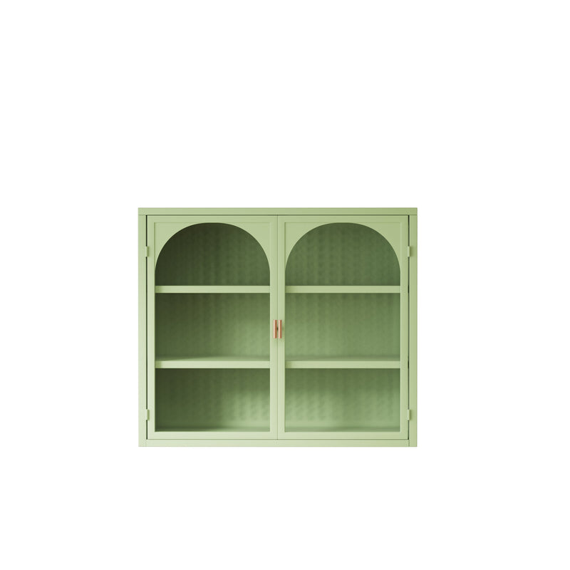 27.56"Glass Doors Modern Two-door Wall Cabinet with Featuring Three-tier Storage for Entryway Living Room Bathroom Dining Room,Wall Cabinet with Characteristic Woven Pattern,Green