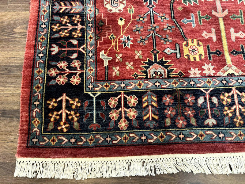 Indo Persian Heriz Serapi Rug 6x8, Rust Red and Navy Blue, Allover Pattern
