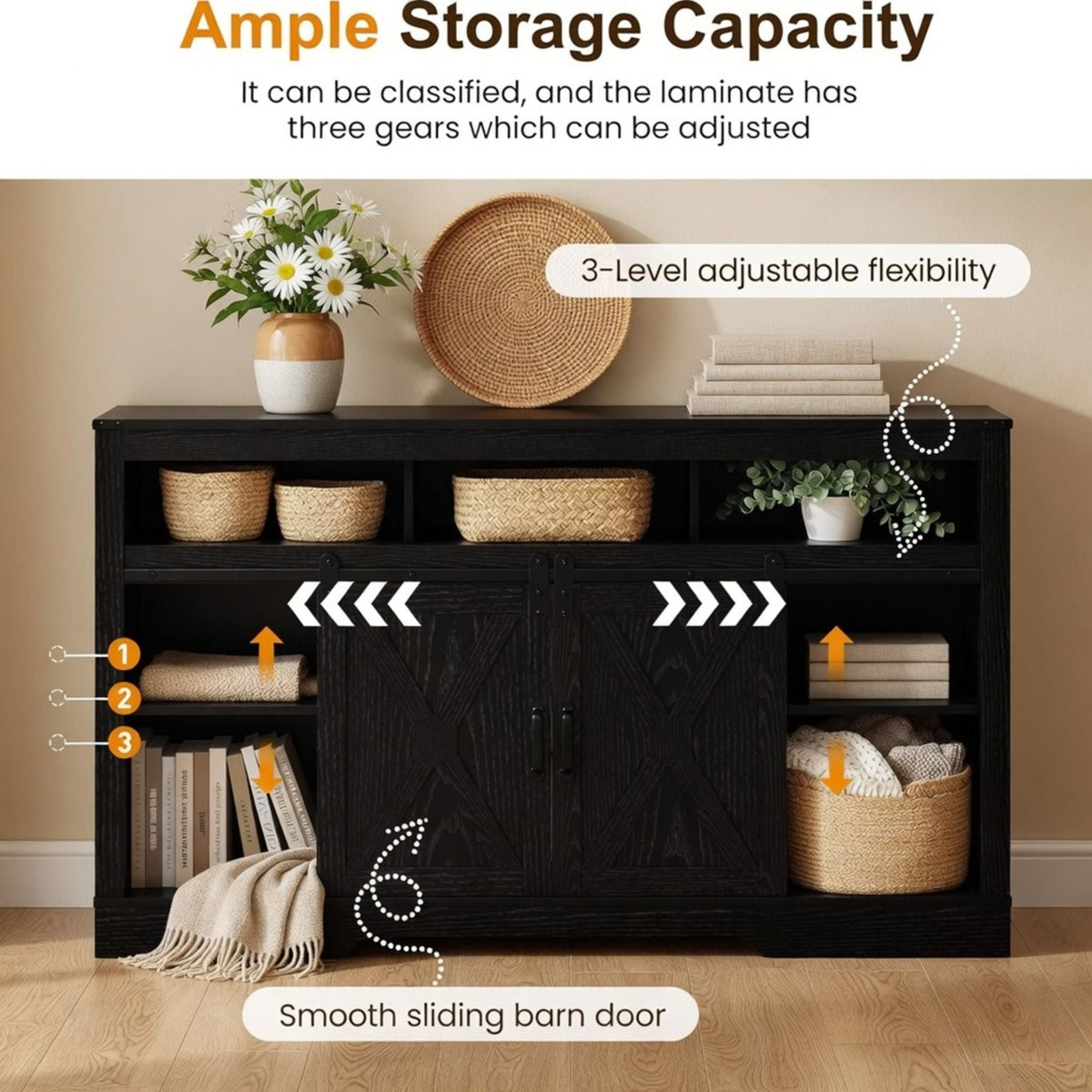 Farmhouse TV Stand With Sliding Barn Doors & Adjustable Storage, photo 11 of 40