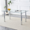 A modern minimalist style glass dining table. Transparent tempered glass tabletop with a thickness of 0.3 feet and silver metal legs. Suitable for restaurants and living rooms. 63 "x 35.4" x 30"