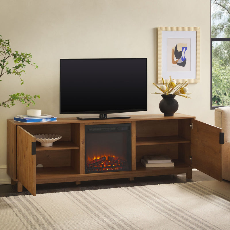 Reema Scandinavian 70" Modern Reeded TV Stand with Freestanding Electric Fireplace