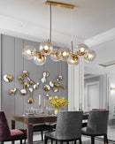 GobekUsa Mid-Century Gold Island Pendant Light - 8 Lights, Spherical Glass, Perfect for Dining Table