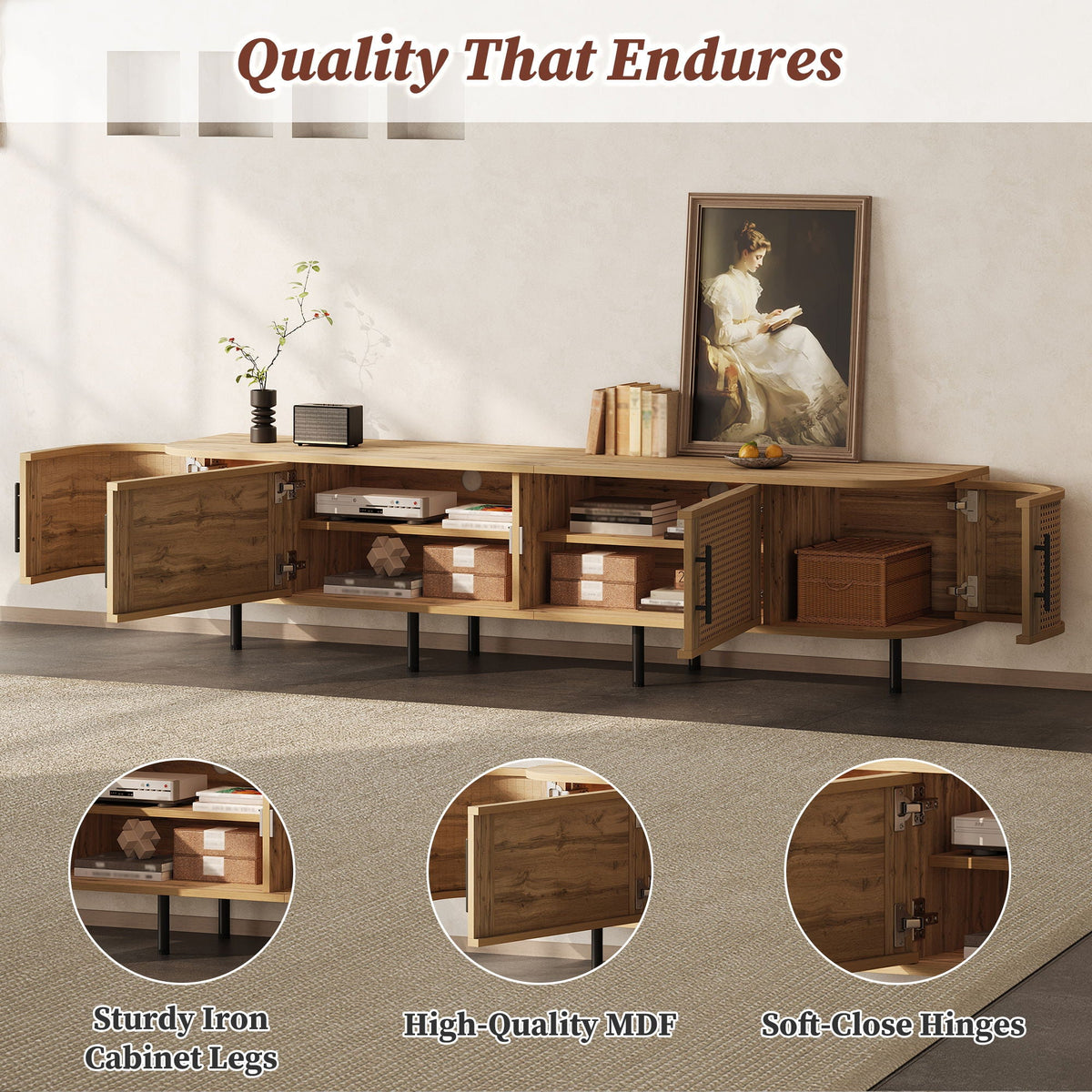 70" TV Stand With Doors, Construction For TVs Up To 80" - Natural Wood, photo 5 of 16