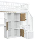 Loft Bed With Built In L Shaped Desk, LED Lights, Storage Shelves, Cabinets, And Staircase