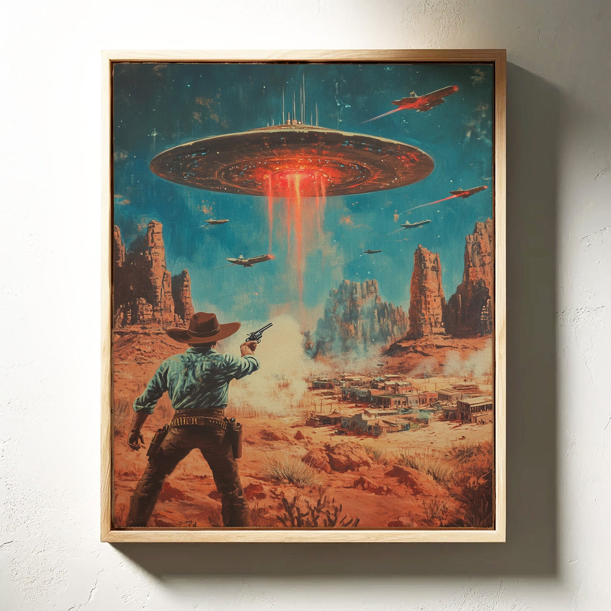 Cowboy vs. UFO – Sci-Fi Western Wall Art, close-up of the surface