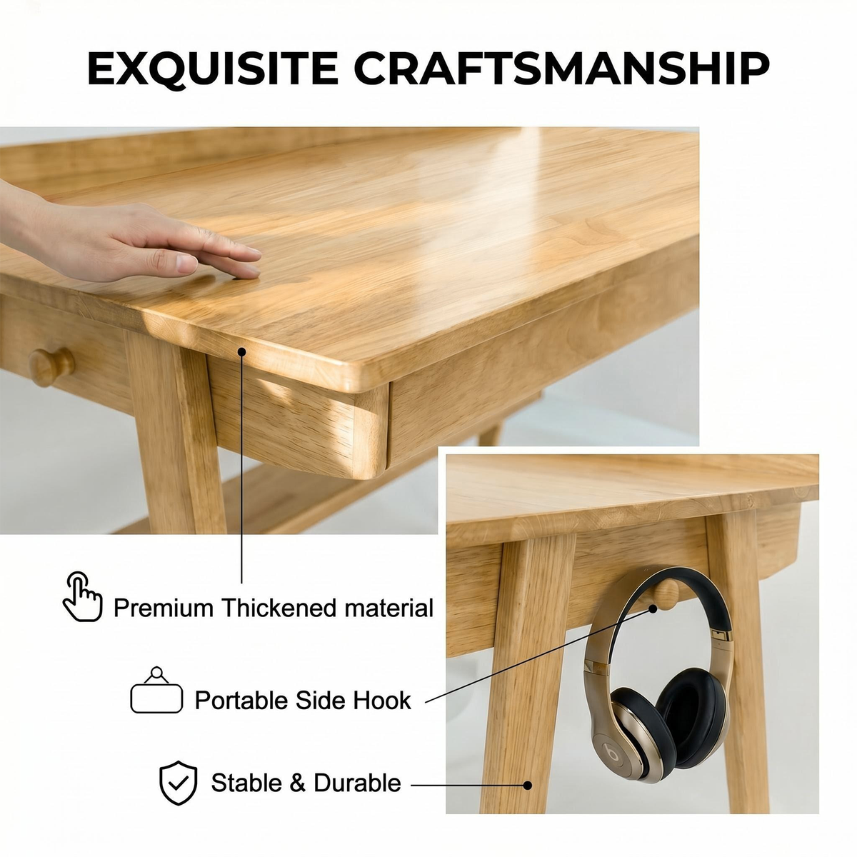 Solid Wood Writing Desk with 2 Drawers & Storage Shelf, photo 3 of 10