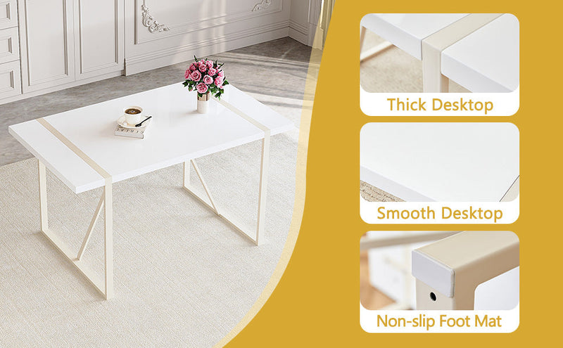 Table and chair set.55'x31.4' Cream-Style White MDF Dining Table Set with 6 Dark Gray Chairs With Silver Metal Legs.MDF Tabletop and metal frame legs.Adding a warm atmosphere to your family.