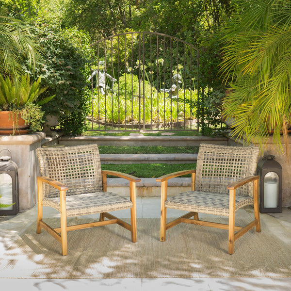 Outdoor Acacia Wood Wicker Club Chairs with Acacia Wood Frame, 2-Pcs Set