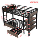 Twin Size Metal Bunk Bed with Storage Shelves, LED Light Strip, and USB Power Strip