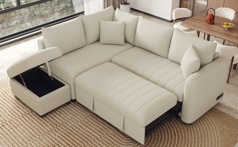 82.6" L-shaped Sectional Pull Out Sofa Bed Sleeper Sofa with Two USB Ports, Two Power Sockets and a Movable Storage Ottoman, Beige