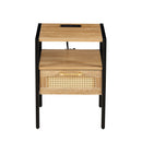 15.75" Rattan End table with Power Outlet & USB Ports, Modern nightstand with drawer and metal legs, side table for living room, bedroom,natural(1 PC)