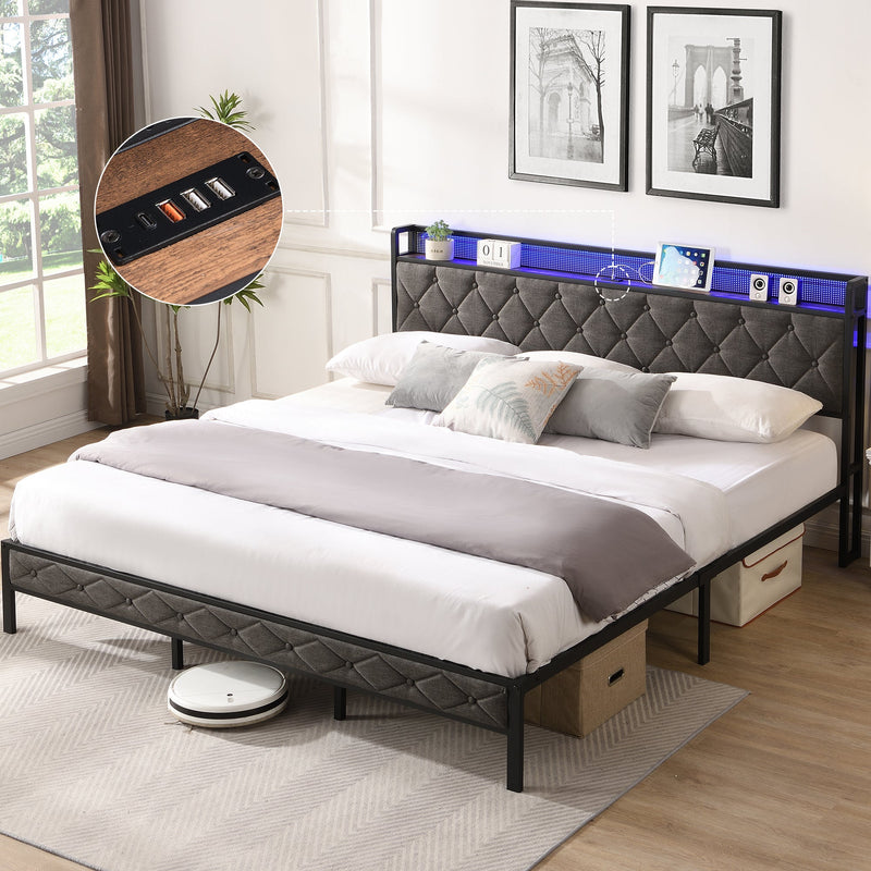 Walker Edison | Upholstered Storage Charging Station and LED Lights Bed