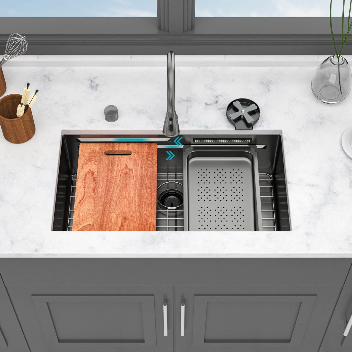 Undermount Stainless Steel Kitchen Sink With Pull Down Faucet & Ledge Workstation, photo 8 of 23