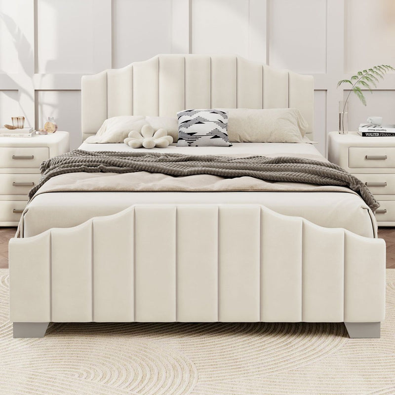 3 Pieces Bedroom Sets Queen Size Velvet Upholstered Platform Bed Vertical Channel Tufted Headboard and Two Three-drawer Nightstands,Beige