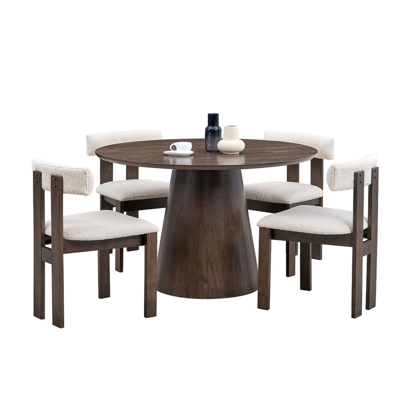 (1 Table with 4 Chairs)Wooden Dining Table Set, Modern Round MDF Kitchen Table and Boucle Upholstered Dining Chairs for Dining Room, Kitchen, Saving Space, Brown