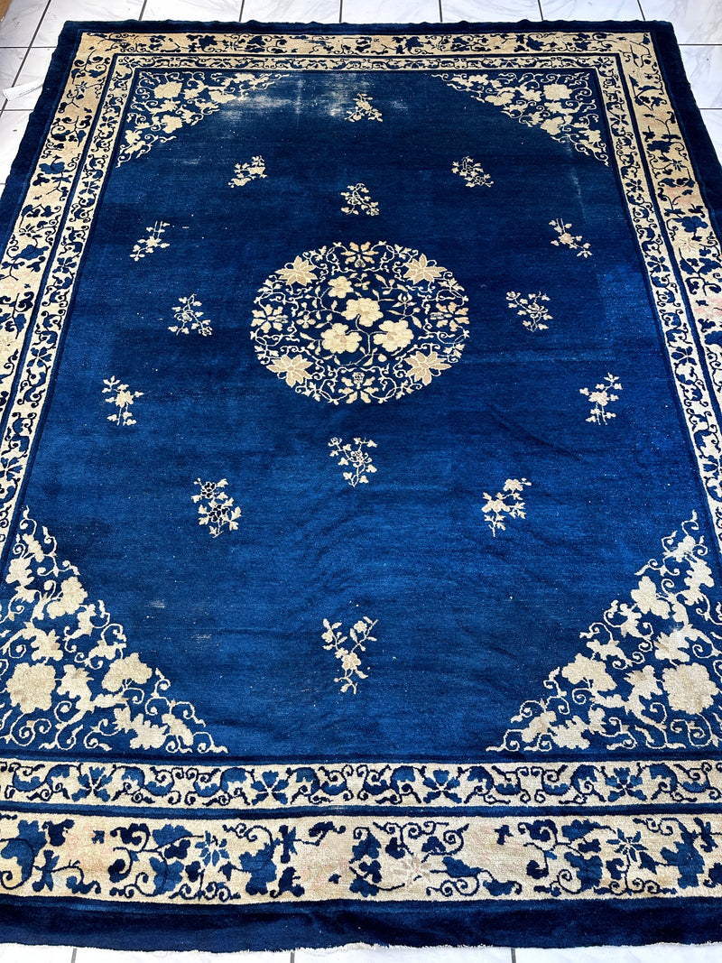 Hand-Knotted Antique Chinese Peking Wool Rug – 9’ x 11’5” – Distressed Blue, 19th Century