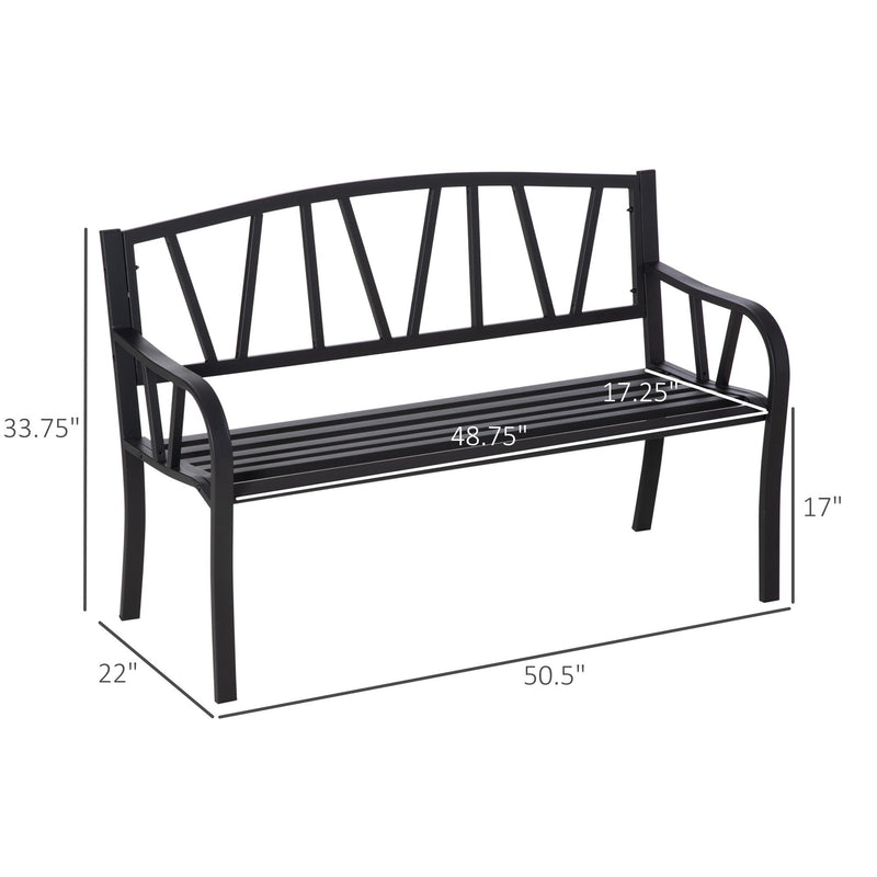 50" Metal Garden Bench, Black Outdoor Bench for 2 People, Park-Style Patio Seating, Decor with Smooth Armrests, Slatted Seat and Backrest, Black