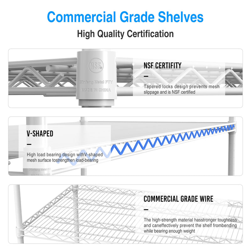 5 Tier 7500lbs Heavy Duty Adjustable Storage Rack Metal Shelf Wire Shelving Unit with Wheels & Shelf Liners - 82" H x 60" L x 24" D - White