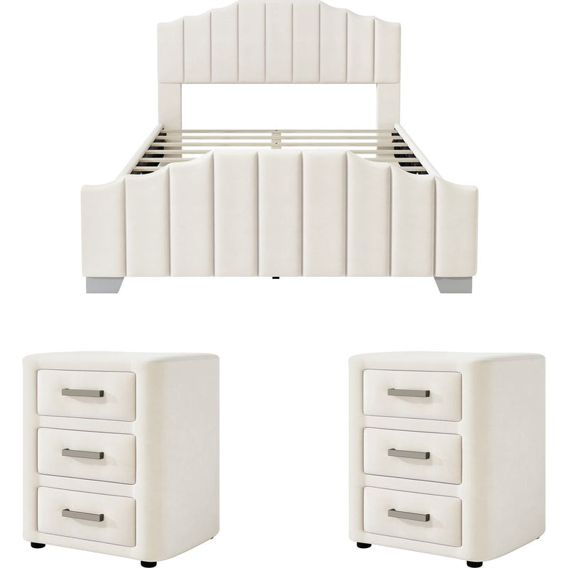 3 Pieces Bedroom Sets Queen Size Velvet Upholstered Platform Bed Vertical Channel Tufted Headboard and Two Three-drawer Nightstands,Beige