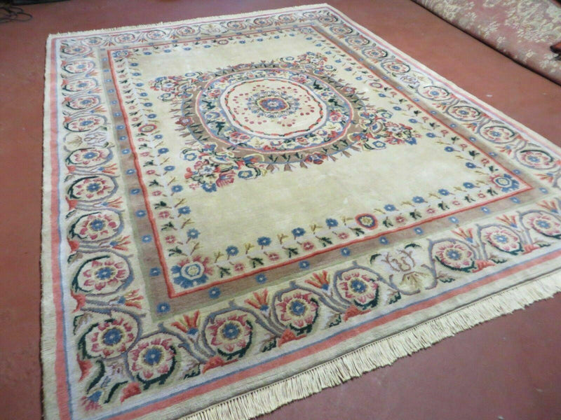8' X 10' Vintage Handmade Wool Rug Aubusson Savonnerie Design European Nice