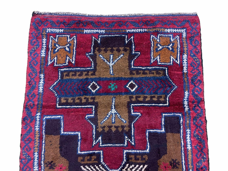 2' 10" X 4' 9" Vintage Handmade Tribal Wool Rug Balouchi Rug Afghan Rug Red Blue
