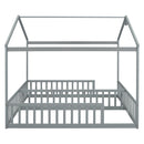 Double Twin House-Style Floor Bed with Fence, Guardrails, without door, Grey(Old Sku:W504P143316)