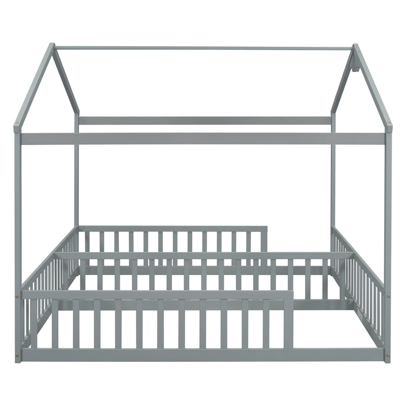 Double Twin House-Style Floor Bed with Fence, Guardrails, without door, Grey(Old Sku:W504P143316)