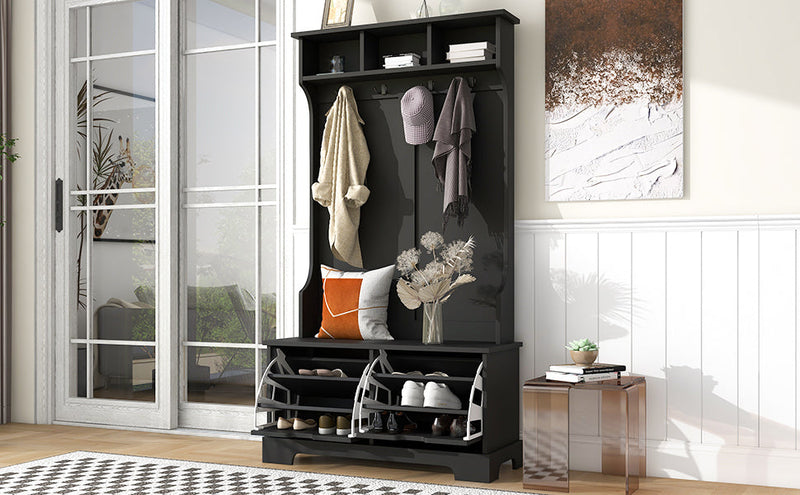 All in One Hall Tree with 3 Top Shelves and 2 Flip Shoe Storage Drawers, Wood Hallway Organizer with Storage Bench and Metal Hanging Hooks, Black
