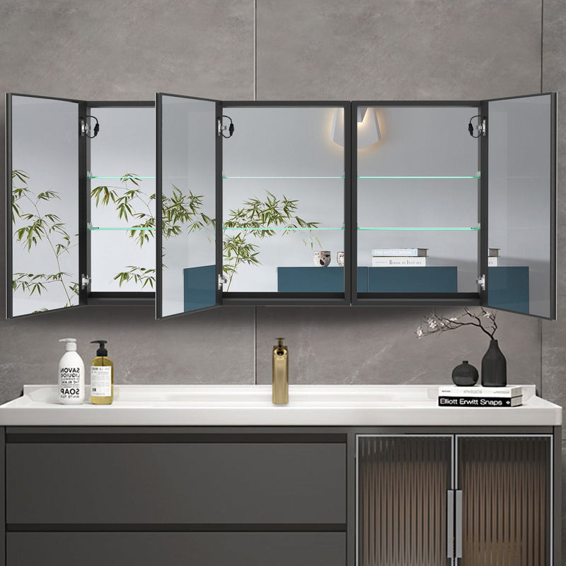 60x30 Inch LED Bathroom Medicine Cabinet Surface Mount Double Door Lighted Medicine Cabinet, Medicine Cabinets for Bathroom with Mirror Defogging, Dimmer Black