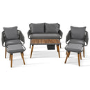 6-Piece Rope Patio Furniture Set, Outdoor Furniture with Acacia Wood Cool Bar Table with Ice Bucket, Deep Seat Patio Conversation Set with Two Stools for Backyard Porch Balcony (Grey)