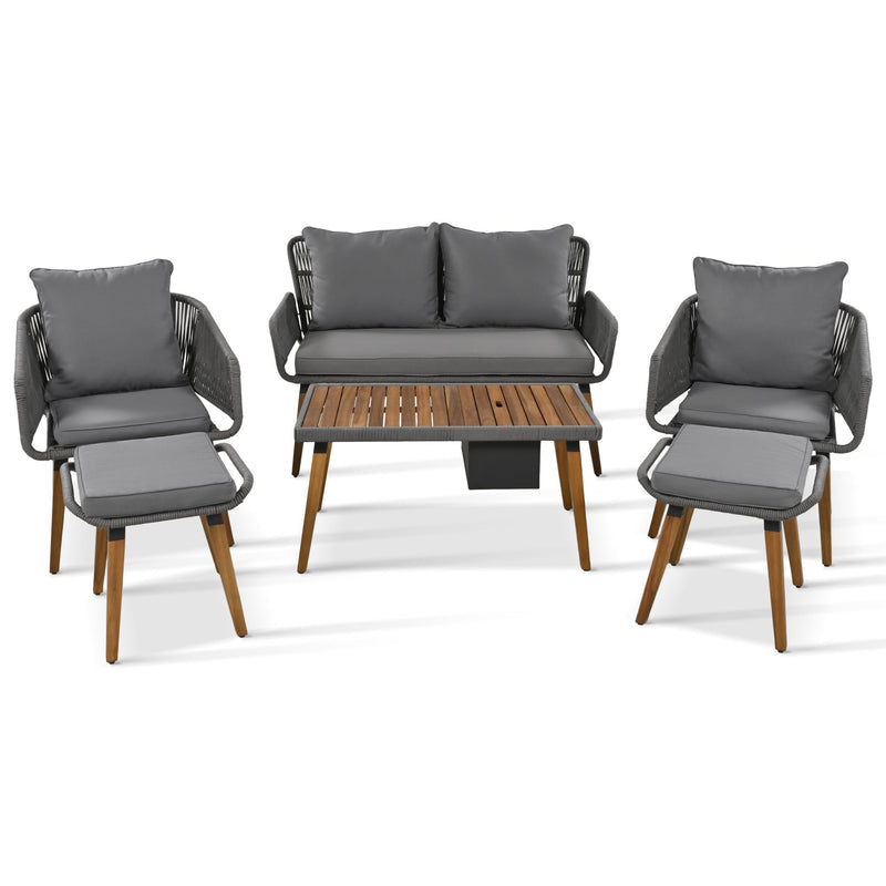 6-Piece Rope Patio Furniture Set, Outdoor Furniture with Acacia Wood Cool Bar Table with Ice Bucket, Deep Seat Patio Conversation Set with Two Stools for Backyard Porch Balcony (Grey)