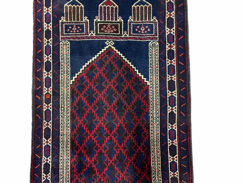 3x5 Vintage Handmade Tribal Wool Rug Balouchi Prayer Rug Afghan Rug Red Blue Wow