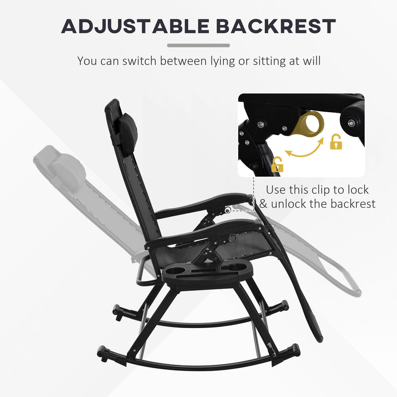 2 Pieces Outdoor Rocking Chairs, Foldable Reclining Zero Gravity Lounge Rocker with Pillow, Cup & Phone Holder, Combo Design with Folding Legs, Black