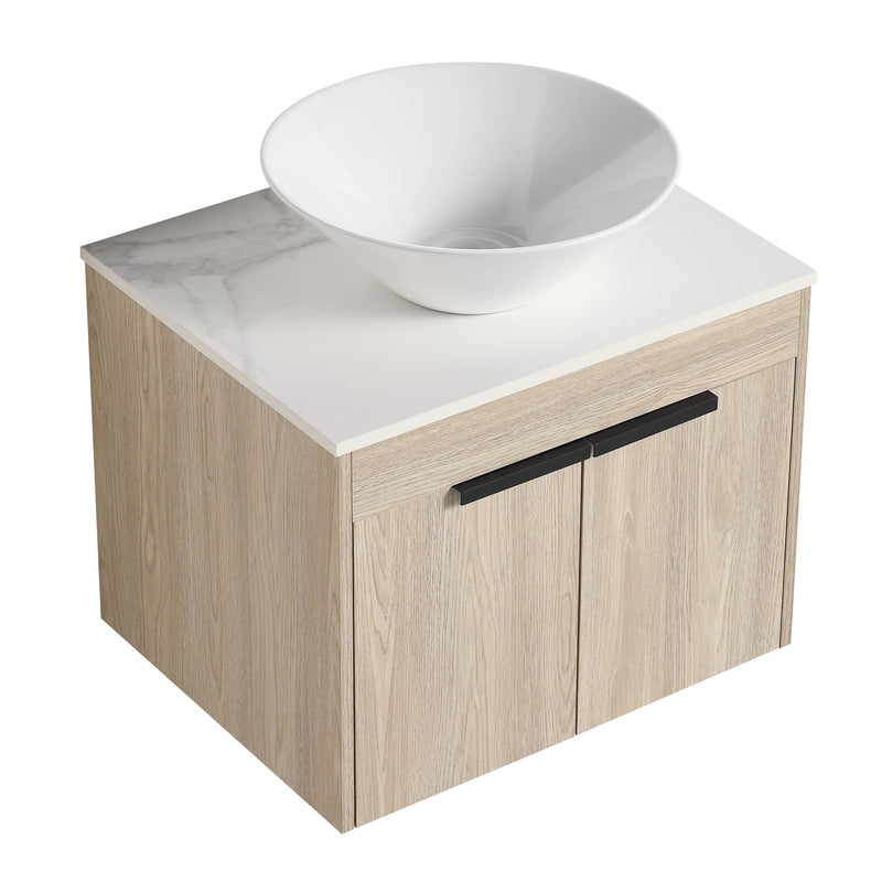 24" Modern Design Float Bathroom Vanity With Ceramic Basin Set, Wall Mounted White Oak Vanity With Soft Close Door, KD-PackingD-Packing Pieces