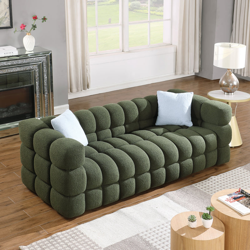 84.3 length, 35.83" deepth, human body structure for USA people, marshmallow sofa,boucle sofa, 3 seater, OLIVE GREEN BOUCLE