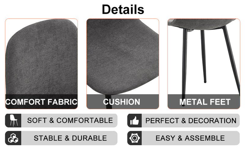 A modern and practical circular dining table. Made of MDF tabletop and wooden MDF table legs. A set of 4 cushioned chairs.
