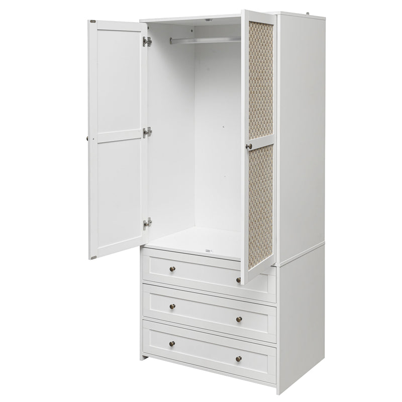 Walker Edison - 2-Door Wardrobe with 3 Drawers High Wardrobe  Armoire With 2 Rattan Door For Living Room, Bedroom Organizer