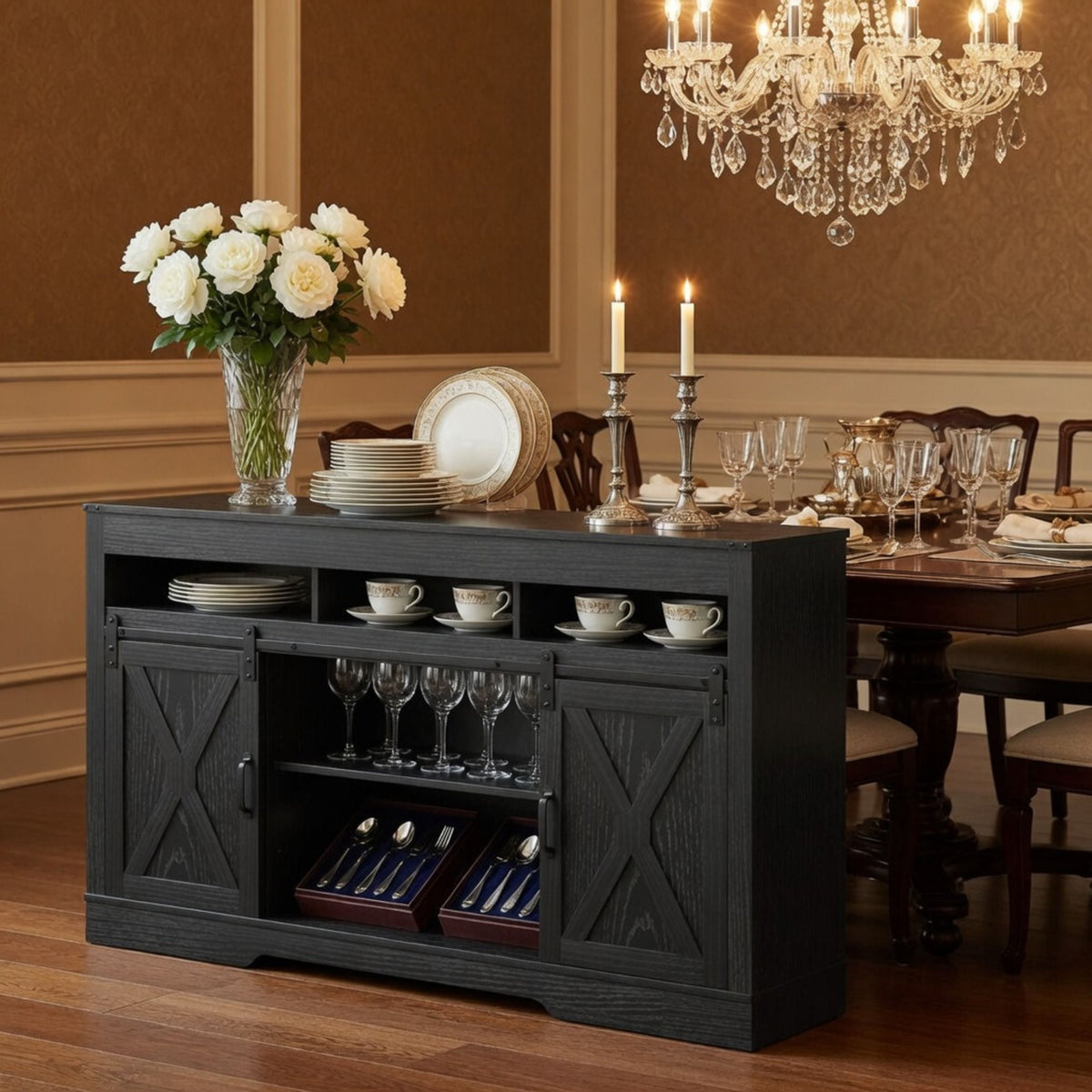 Farmhouse TV Stand With Sliding Barn Doors & Adjustable Storage, photo 12 of 40