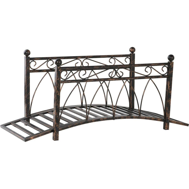 3.3' Metal Arch Zen Garden Bridge with Safety Siderails, Decorative Footbridge, Delicate Scrollwork & Corner Spheres for Stream, Fish Pond, Bronze