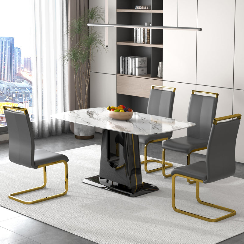 A modern, minimalist, and luxurious dining table with a white imitation marble tabletop and MDF legs with U-shaped brackets. Tables in restaurants and living rooms 63"x35.4"x30 F-U