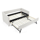 Twin Size Daybed with Trundle Upholstered Sofa Bed, with Vertical Stripes, Linen Fabric, Beige  (82.5'x43'x30')