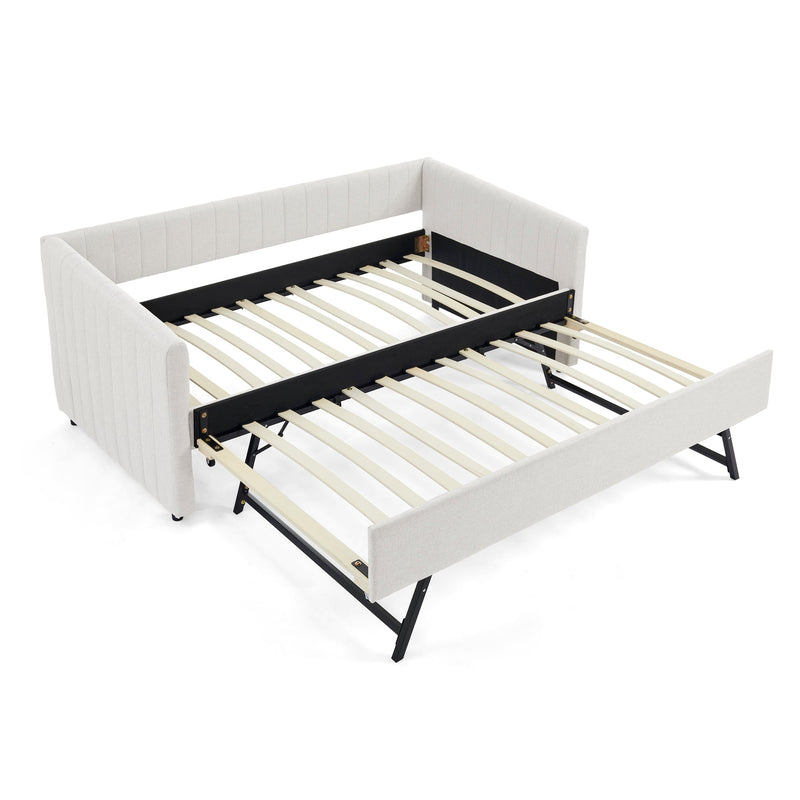 Twin Size Daybed with Trundle Upholstered Sofa Bed, with Vertical Stripes, Linen Fabric, Beige  (82.5'x43'x30')