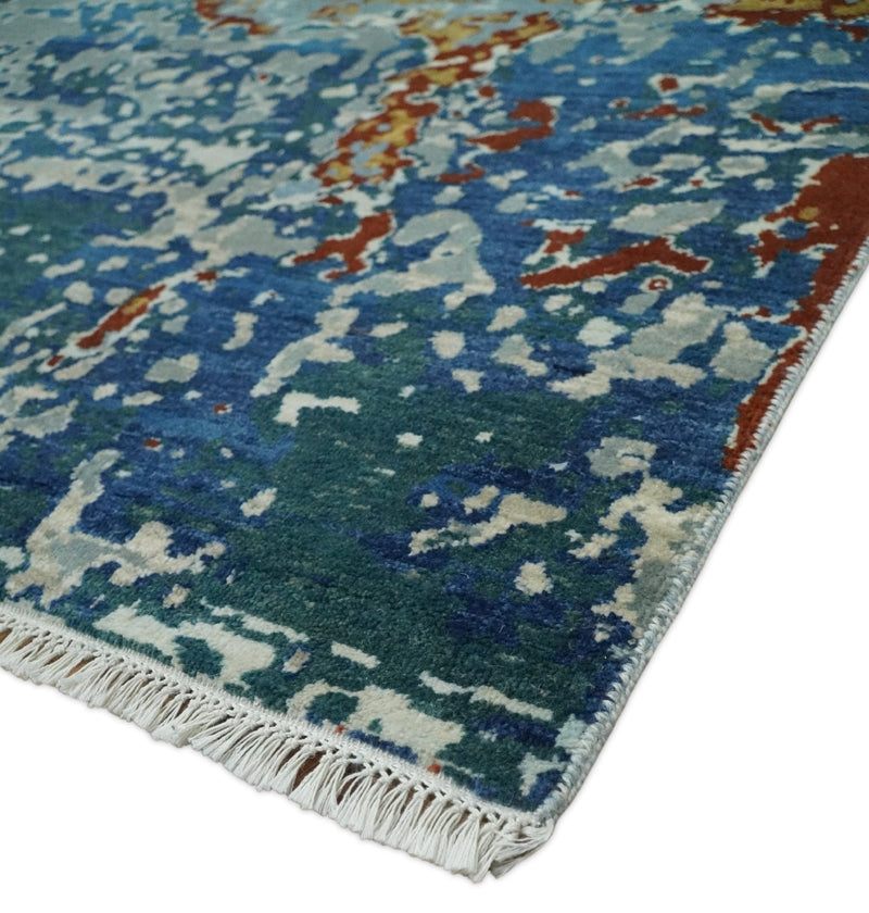 2.6x10 Fine Hand Knotted Blue Modern Abstract Wool and Silk Runner Area Rug | AGR12